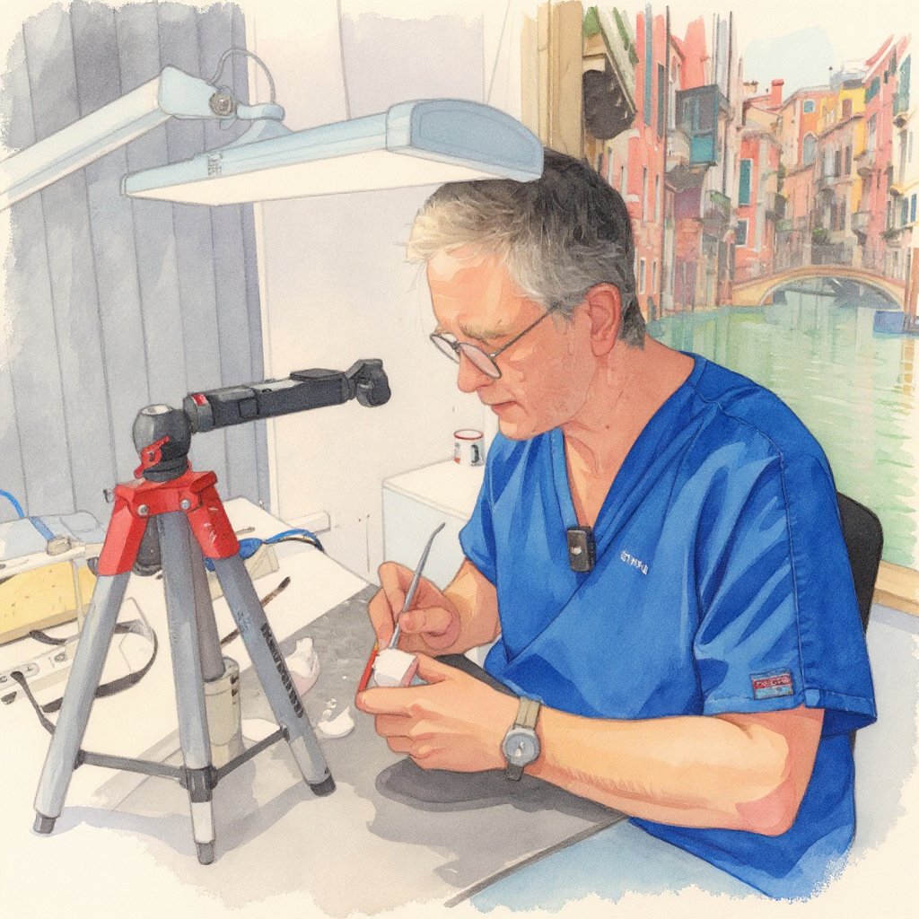 Watercolour of Simon crafting dentures at the laboratory bench