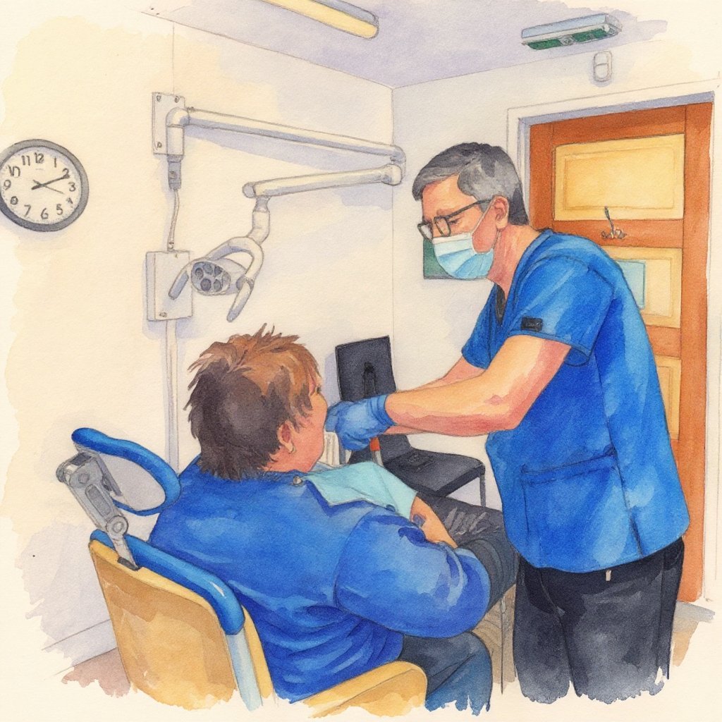 Watercolour of Simon caring for a denture patient